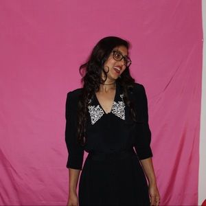 Vintage - Navy blue midi dress with white collar - Size (Small)